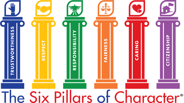 Six Pillars of Character graphic. Trustworthiness. Respect. Responsibility. Fairness. Caring. Citizenship.